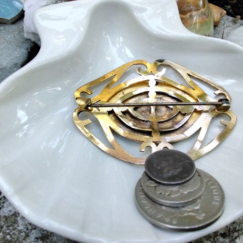 Late Victorian Circa 1890's Enamel and Brass Sash Brooch - Picture 3 of 7